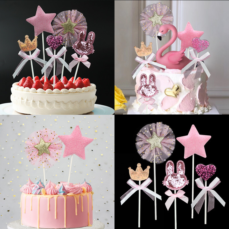 Five-pointed star love Crown rabbit star mesh birthday cake decoration plug-in card Dessert Table 5-piece set Five-pointed star love Crown rabbit star mesh birthday cake decoration plug-in card Dessert Table 5-piece set