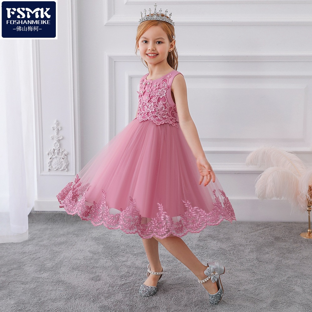 Vestido de noche de las niñas europeas y americanas vestido de niña de flores sin mangas con cuentas apliques vestido de princesa vestido de novia de los niños ropa de rendimiento de host