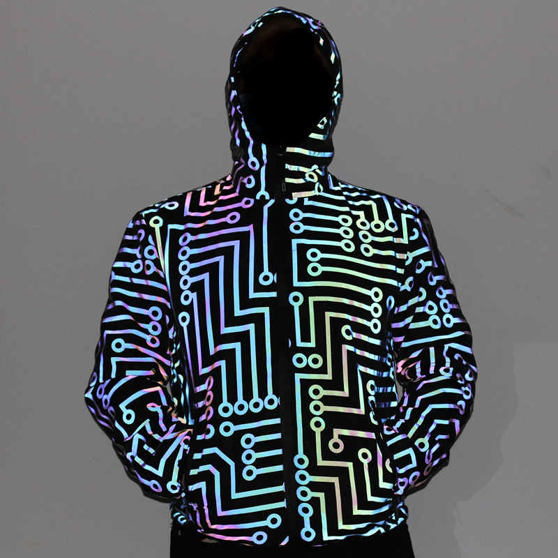 Men's Clothing Spring and Autumn New Reflective Jacket Men's Jacket Color Circuit Pattern Laser Night Vision National Trend Hooded Jacket_voghion.com