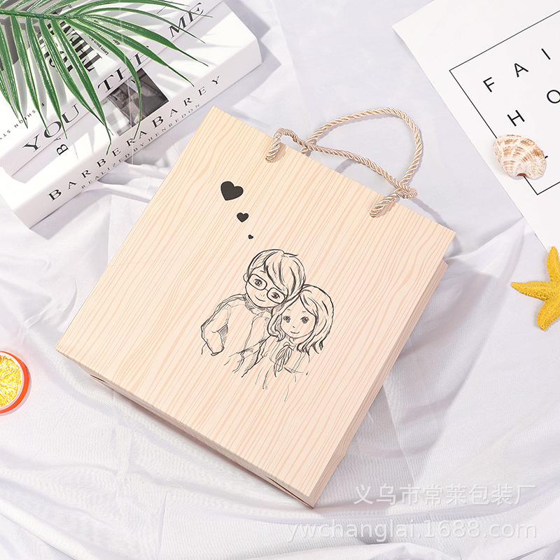 创意包装袋木纹印刷白卡纸袋精美礼品伴手礼批发情人节礼品袋简约