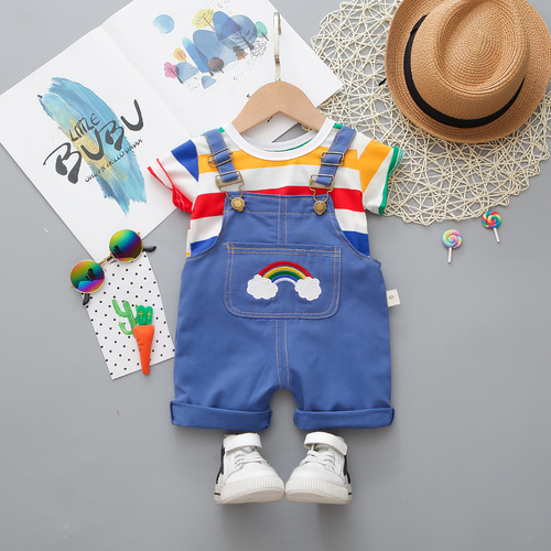 Summer new casual version of children's baby short-sleeved suit large striped round neck short-sleeved rainbow suspender shorts two pieces