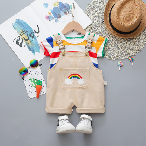 Summer new casual version of children's baby short-sleeved suit large striped round neck short-sleeved rainbow suspender shorts two pieces