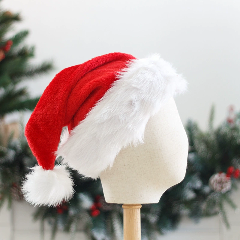 Plush Santa hat, thick long‑pile Christmas cap with large pompom, adult 38×28 cm