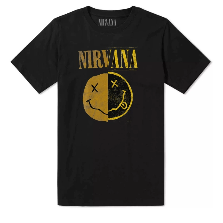 Футболка Nirvana короткий рукав, унисекс с классическим принтом группы, винтажный смайл (чёрный)