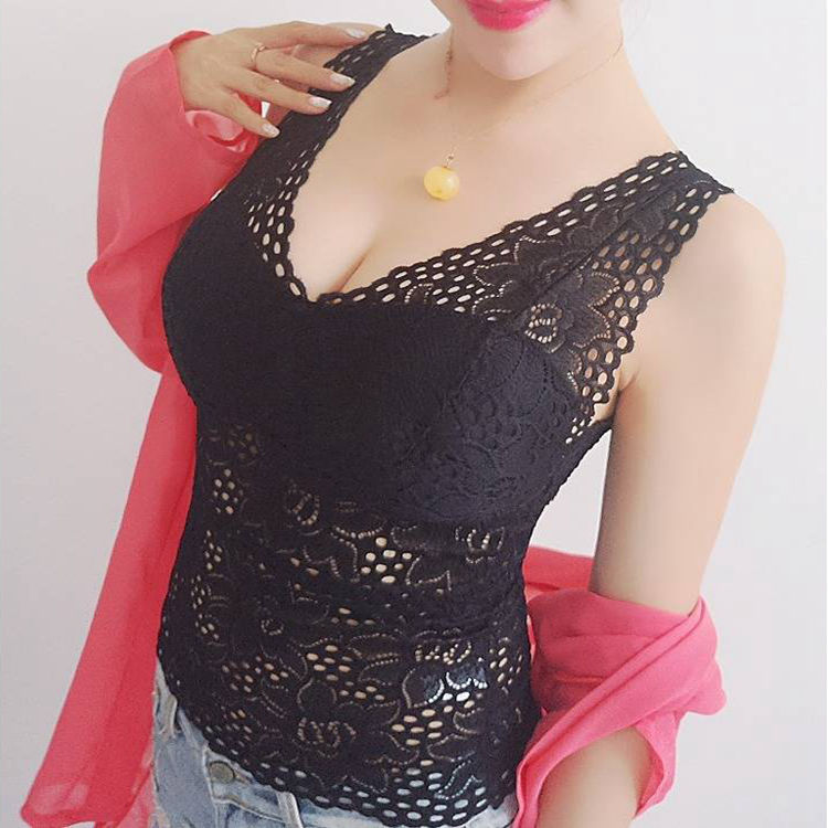Sexy encaje espalda camisola de las mujeres slim-fit de media longitud hollow-out ropa interior delgada con almohadilla en el pecho verano