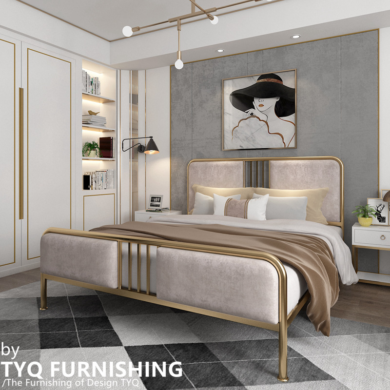 Nordic iron bed princess bed golden double 1.8 m 1.5 iron bed Golden rental room B & B apartment iron bed