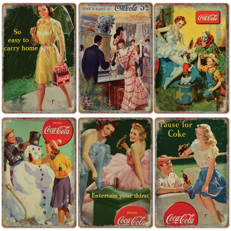 Безрамный ретро постер Coca-Cola, винтажное барное настенное искусство, размер 20×30×0.025 см