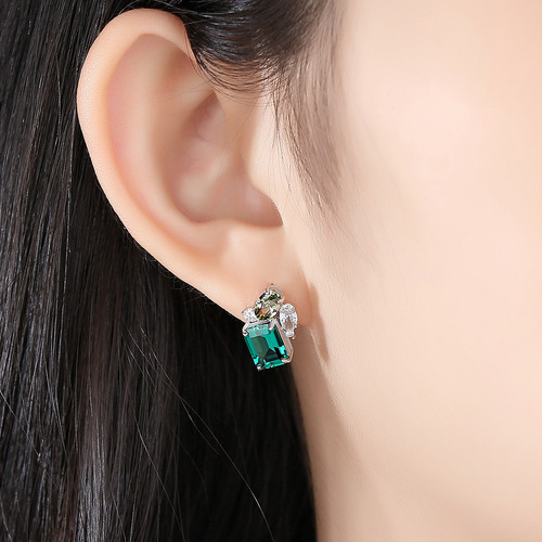 PAG&MAG Emerald Gemstone Earrings S925 Silver Studs Women's Earrings European and American Temperament Niche Design Jewelry