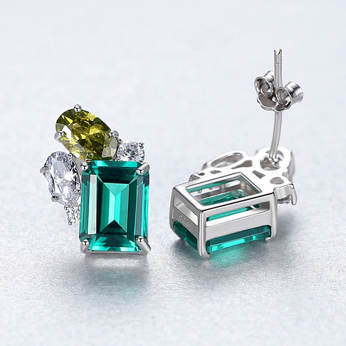 PAG&MAG Emerald Gemstone Earrings S925 Silver Studs Women's Earrings European and American Temperament Niche Design Jewelry