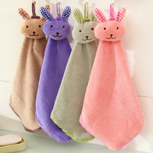 韩式厨房浴室挂式毛巾 可爱卡通兔子头珊瑚绒擦手巾