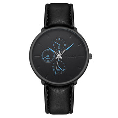 外貿時尚三眼藍針男士手錶男表皮帶石英男款腕錶廠家批發
