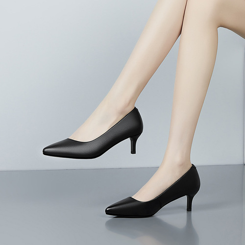  New Women's Pointed Toe Professional High Heels with Open Toe Work Shoes for Women, Thick Heel, Top Layer Calfskin Single Shoes for Women, Drop Shipping