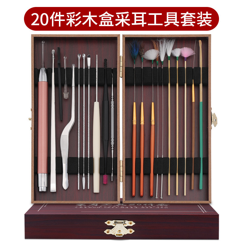 Fábrica en stock oreja recoger limpieza del oído cera limpieza pluma de ganso palo oreja recogiendo el color del pelo caja de madera oreja recogiendo herramienta traje