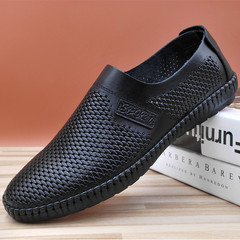 2024新款夏季男鞋透氣休閒鞋軟麵皮鏤空皮鞋男涼鞋白色網眼皮鞋子