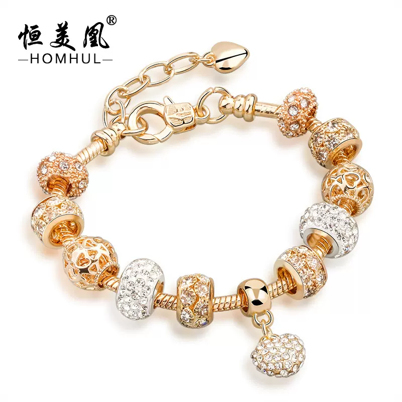 跨境temu潘家爱心手串 璀璨镶钻玫瑰金串珠点钻手链女装饰手镯