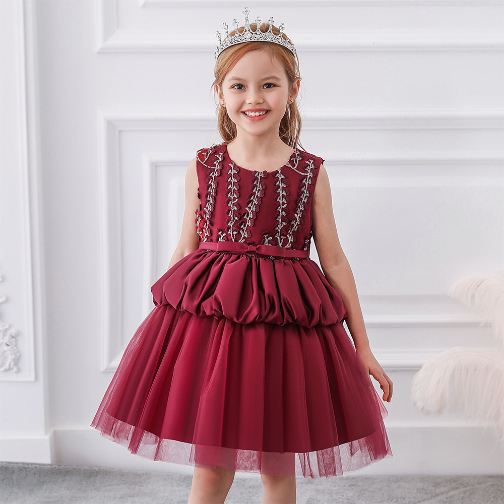 2024 New Children's Dress Embroidered Small Bow Princess Dress Mesh Puff Dress Cake Dress Satin Evening Dress