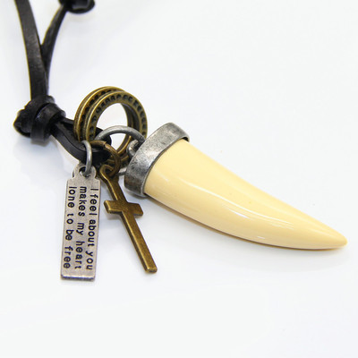 歐美複古飾品 狼牙項鏈 電鍍古銀色吊墜皮繩項鏈男女節日配飾