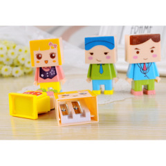 Cute Cartoon DIY Building Blocks Little Man Pencil Sharpener Large and Small Hole Plastic Pencil Sharpener Combination with Eraser Wholesale