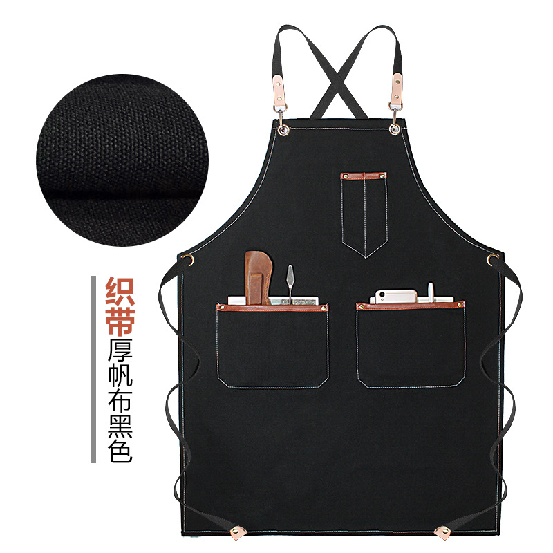 Denim delantal bolsillo tira de cuero decorativo creativo Correa overoles peluquero lona gruesa delantal por mayor