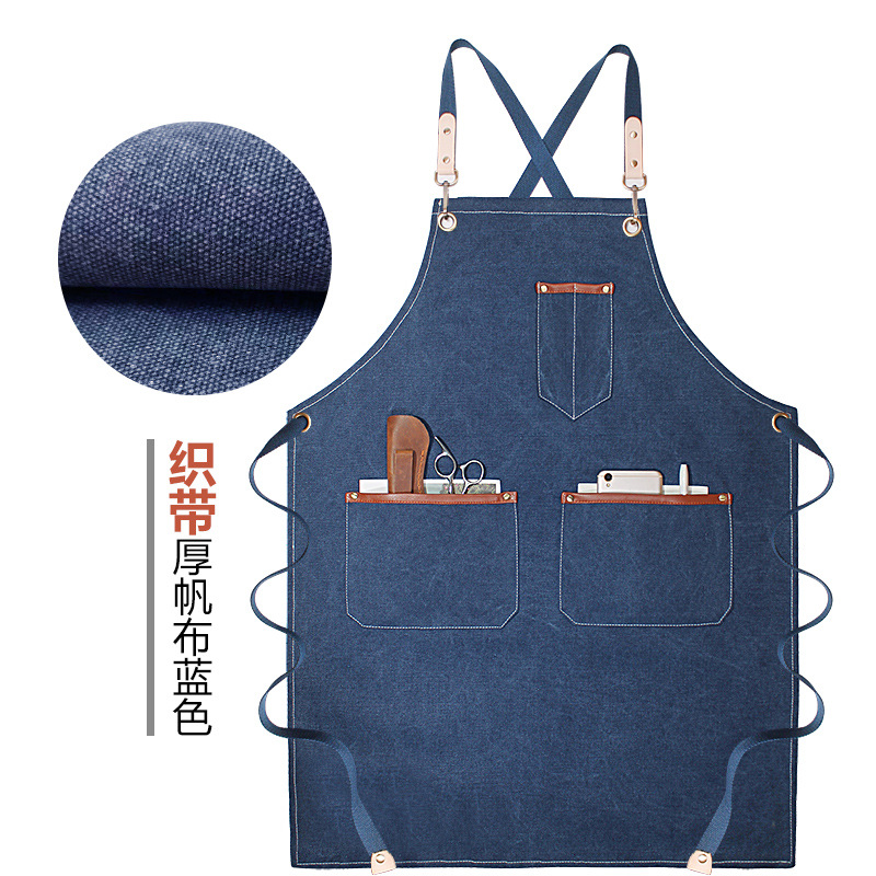 Denim delantal bolsillo tira de cuero decorativo creativo Correa overoles peluquero lona gruesa delantal por mayor