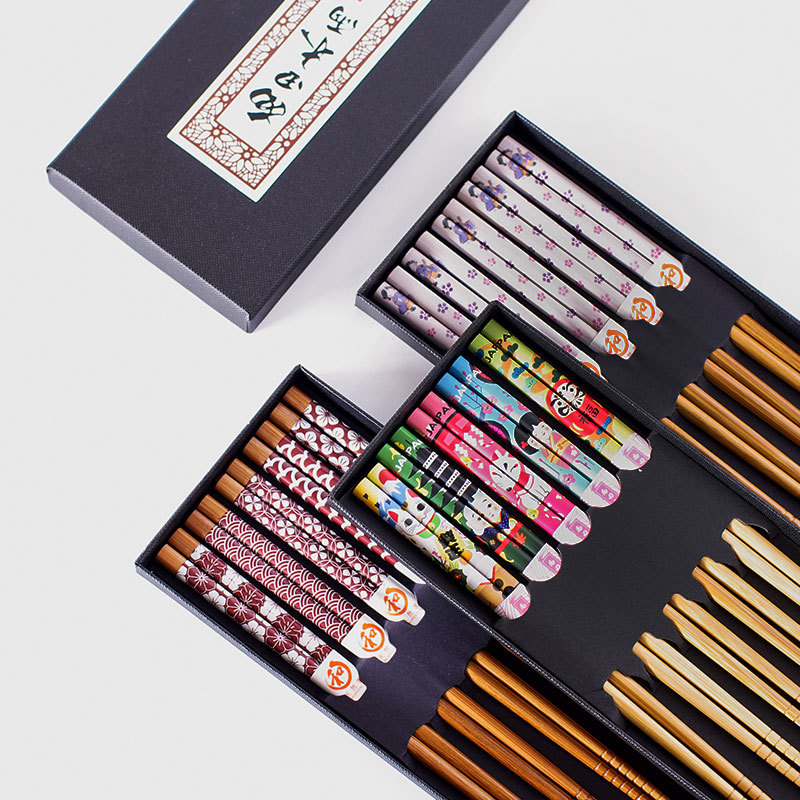 Xitian Muyu baguettes de ménage de style japonais baguettes baguettes en bambou 5 paires famille pack antidérapant pointu cinq en boîte cadeau costume