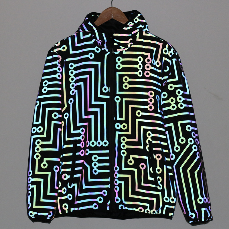 In-Stock Quick Delivery Spring and Autumn Reflective Jacket Men's Colorful Circuit Pattern Laser Night Vision National Trend Hooded Coat In-Stock Quick Delivery Spring and Autumn Reflective Jacket Men's Colorful Circuit Pattern Laser Night Vision National Trend Hooded Coat