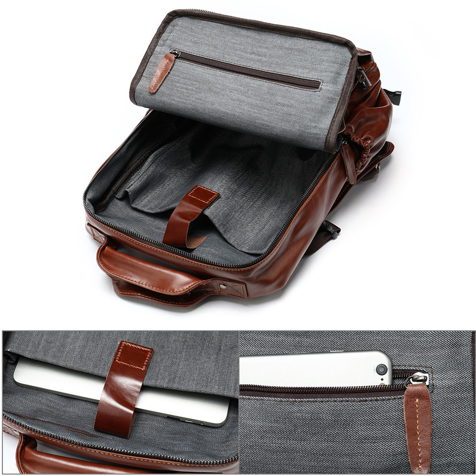 Ba lô da nam da bò thật dung tích lớn 15 inch đựng laptop, ba lô du lịch leo núi ngoài trời chống mài mòn thoáng khí — Cà phê, Màu đen