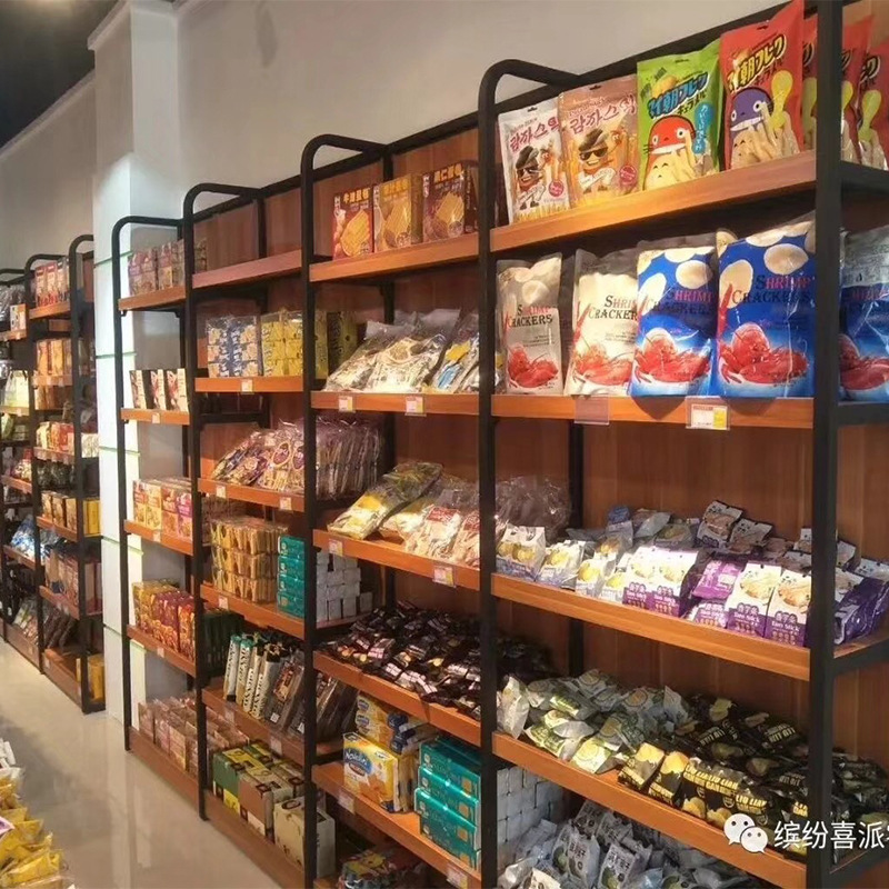 木纹超市货架 超市便利店休闲食品货架 精品钢木结合食品零食货架