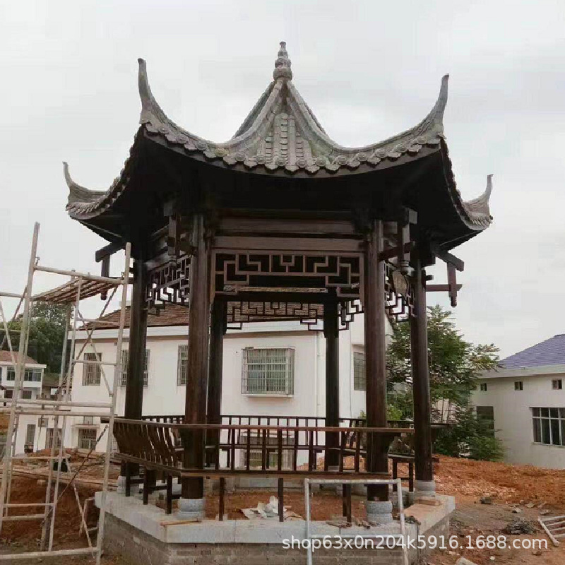 Pavilion outdoor anticorrosive wood ancient hexagonal pavilion courtyard villa antique wooden house promenade factory direct solid wood pavilion
