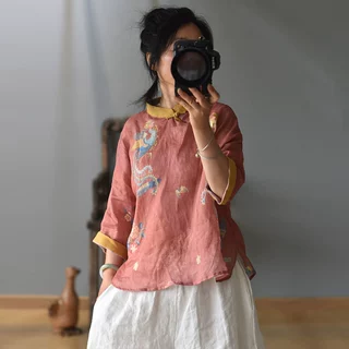 秀吅禾/原创中国风苎麻盘扣数码印花上衣中式文艺古典古风衬衫