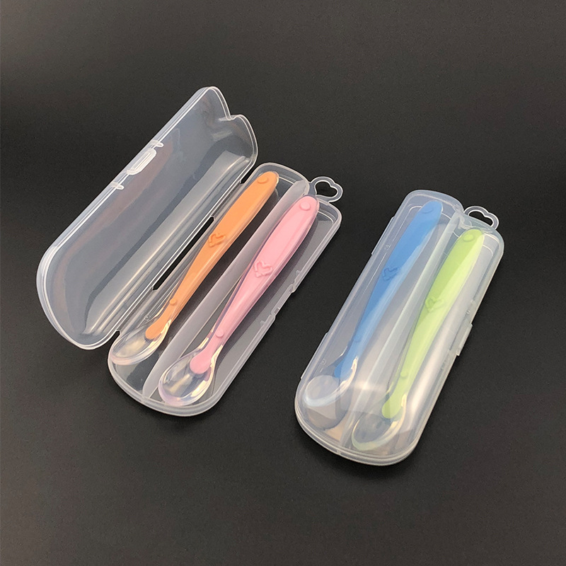 Baby supplies silicone soft spoon food grade plastic PP double storage box baby fork spoon combination with Hook