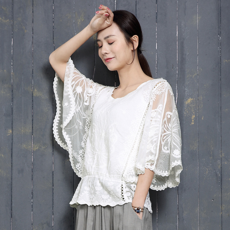 Summer new lace batwing sleeve loose thin round neck top retro slimming waist plus size chiffon shirt for women