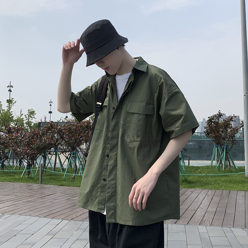 Verano ins retro Estilo funcional camisa de ropa de trabajo de manga corta Camisa de media manga casual de estilo coreano para hombres