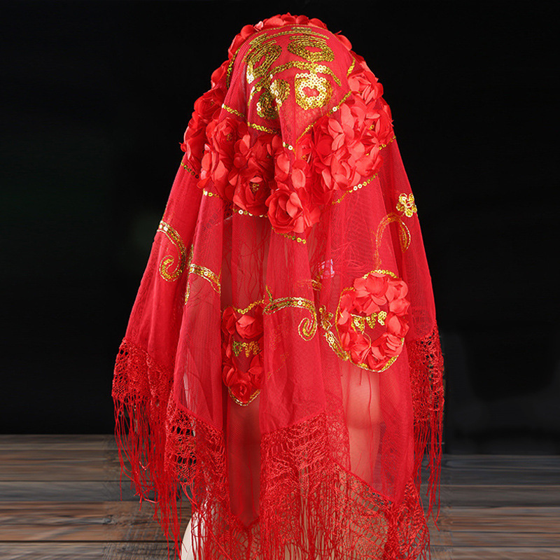 Bride's Wedding Hijab Red Wedding Wedding Hijab Transparent Chinese Style Mesh Happy Character Wedding Hijab Red Hijab