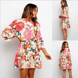 跨境2025亚马逊新款欧美春夏爆款速卖通时尚印花圆领长袖连衣裙