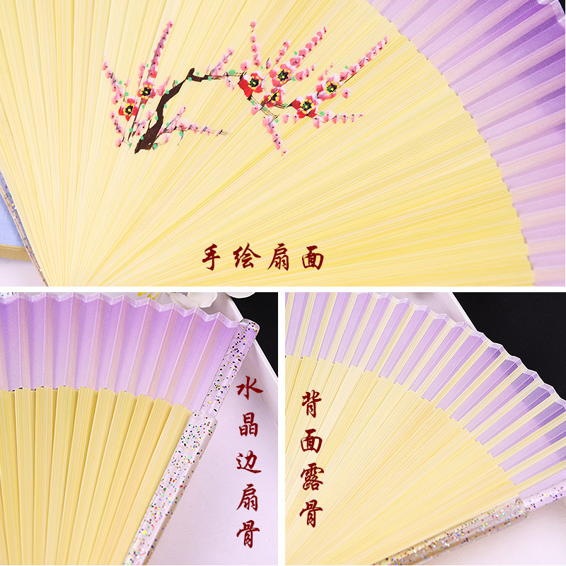 Fan de bambú pintado a mano Hanfu antiguo ventilador chino con estudiantes de danza esculpido fábrica de ventiladores al por mayor