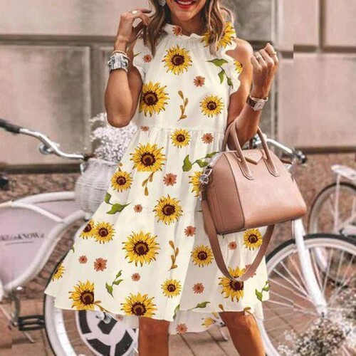 Little Daisy Sunflower Sleeveless Printed Skirt Women's Summer Casual Round Neck Retro Mini Dress Mini Skirt