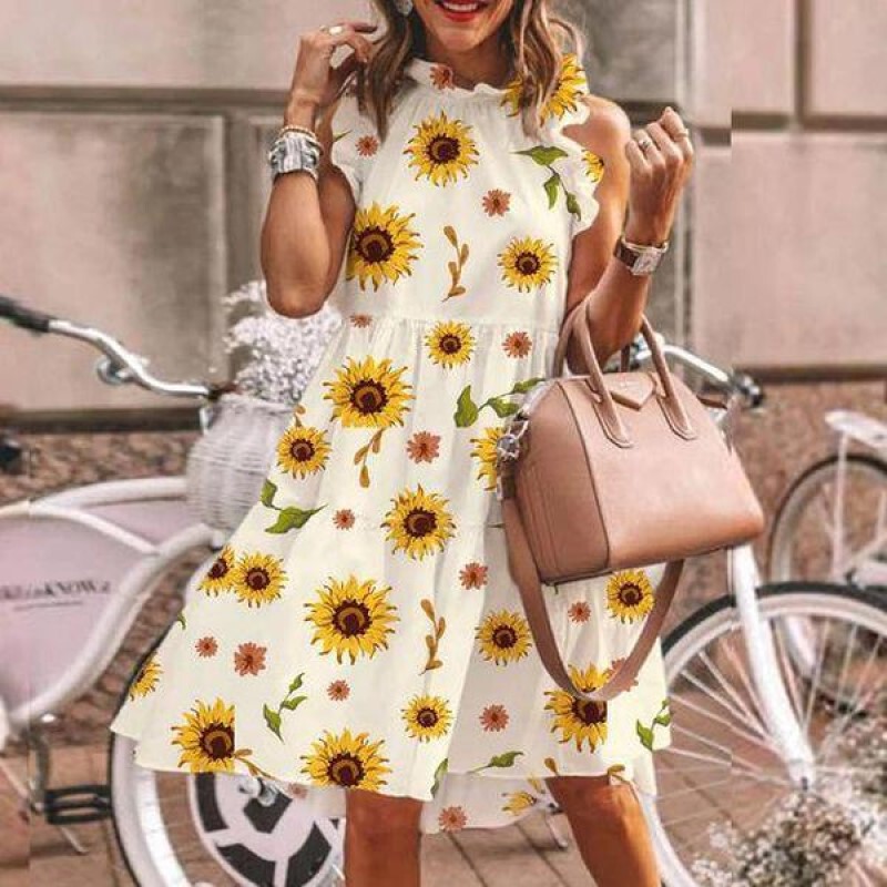 Daisy Sunflower Sleeveless Printed Dress for Women, Summer Casual Round Neck Vintage Dress, Short Skirt with Elegant Stitching