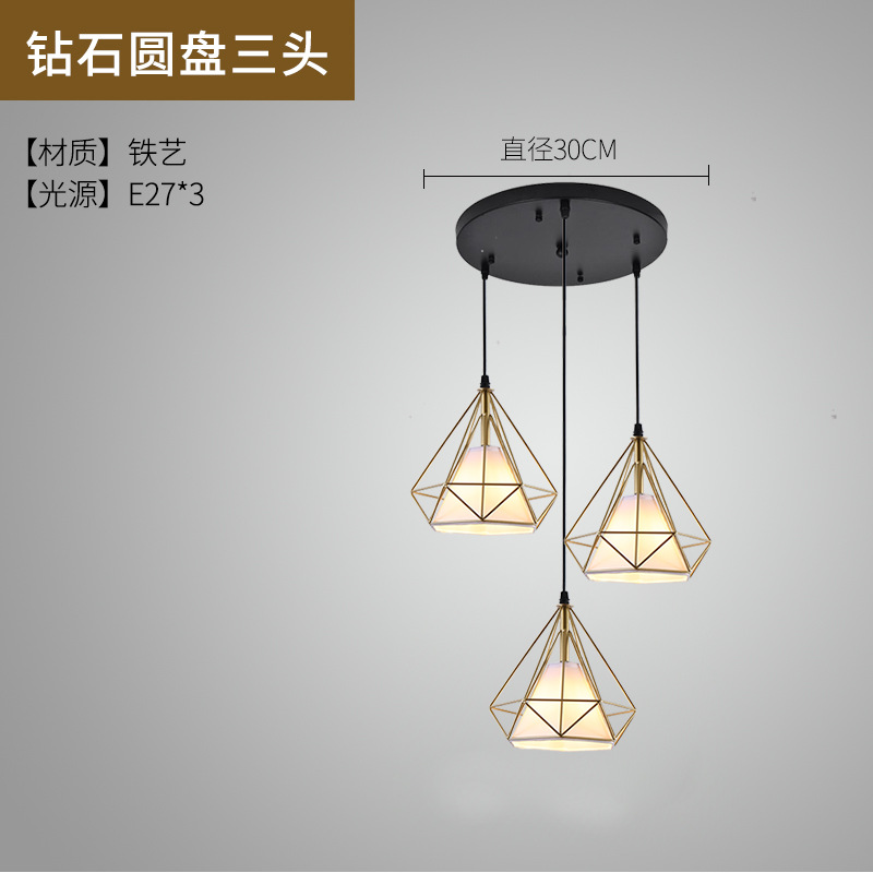 Lámpara de Techo Moderna Nórdica Minimalista para Restaurante, Creativa de Tres Cabezas, Iluminación Comercial para Tiendas, Arte de Iluminación con Barras de Hierro y Diamantes