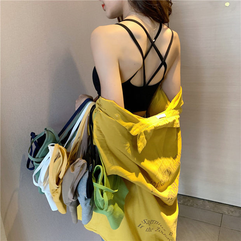 품질 에디션 여름 섹시 크로스 중공 뷰티 백 튜브 탑 두꺼운 컵 학생 스포츠 속옷 여성용 캐미솔 트렌디