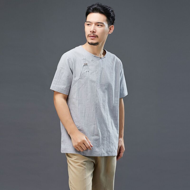 Summer New Arrival: Copper Summer Style Cotton and Linen Short-Sleeve Solid Color V-Neck Buttoned T-Shirt, Lightweight Loose Fit Top Summer New Arrival: Copper Summer Style Cotton and Linen Short-Sleeve Solid Color V-Neck Buttoned T-Shirt, Lightweight Loose Fit Top