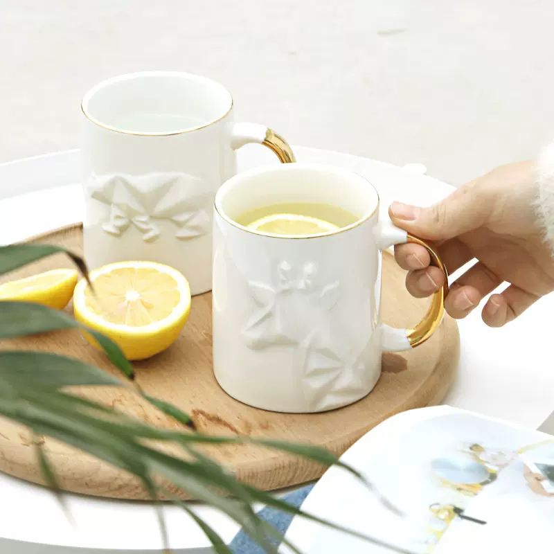 北欧浮雕金边马克杯 轻奢陶瓷杯高级感动物牛奶咖啡杯金把手水杯