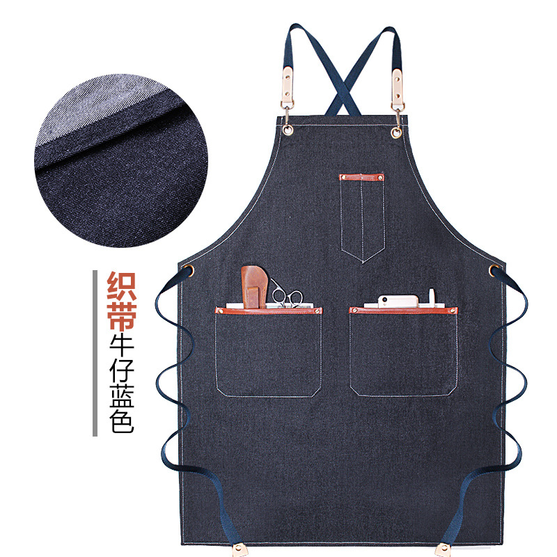 Denim delantal bolsillo tira de cuero decorativo creativo Correa overoles peluquero lona gruesa delantal por mayor