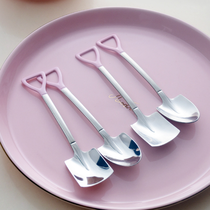 Ins Girly Heart Peach Pink Silver Square Head Dessert Spoon 304 Stainless Steel Iron Spatula Spoon Exquisite Iron Spoon