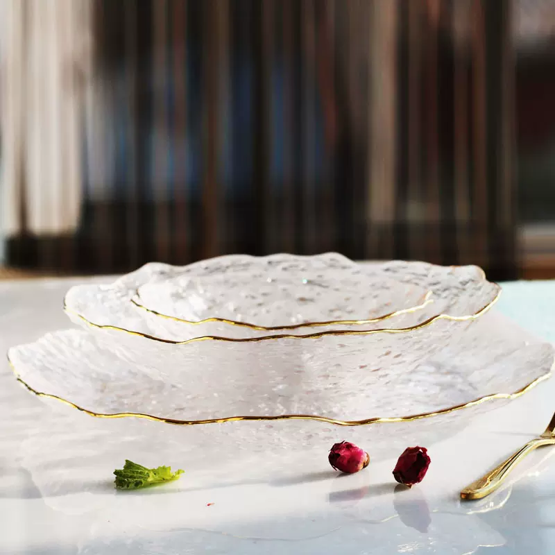 金边锤纹花边碗餐厅家用蔬菜水果沙拉碗不规则零食盘异形玻璃碗