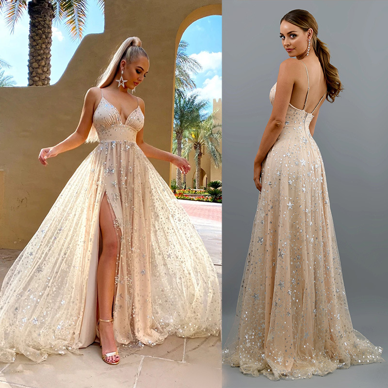 Vestido largo con tirantes finos y escote profundo en V, estilo europeo y americano, novedad de verano 2025, para comercio exterior, sexy, con abertura y pedrería.