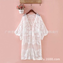夏季薄款女韩版宽松外披蕾丝防晒衣开衫勾花镂空长款