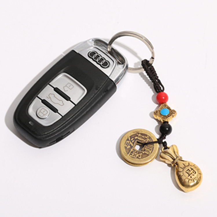 Puesto de venta caliente en lugares escénicos Cinco emperadores dinero latón llavero de coche calabaza de cobre joyería colgante regalo de evento