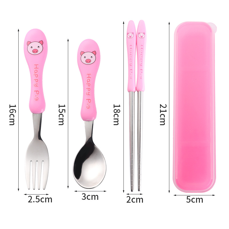 [핑크] 어린이 젓가락 + 포크 + 스푼 + 상자