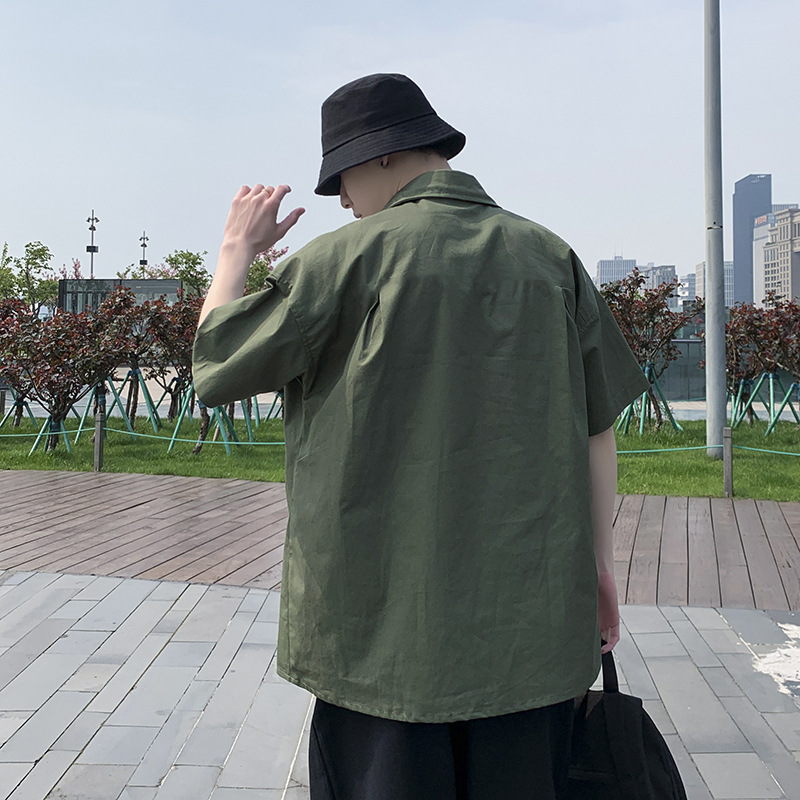 Verano ins retro Estilo funcional camisa de ropa de trabajo de manga corta Camisa de media manga casual de estilo coreano para hombres
